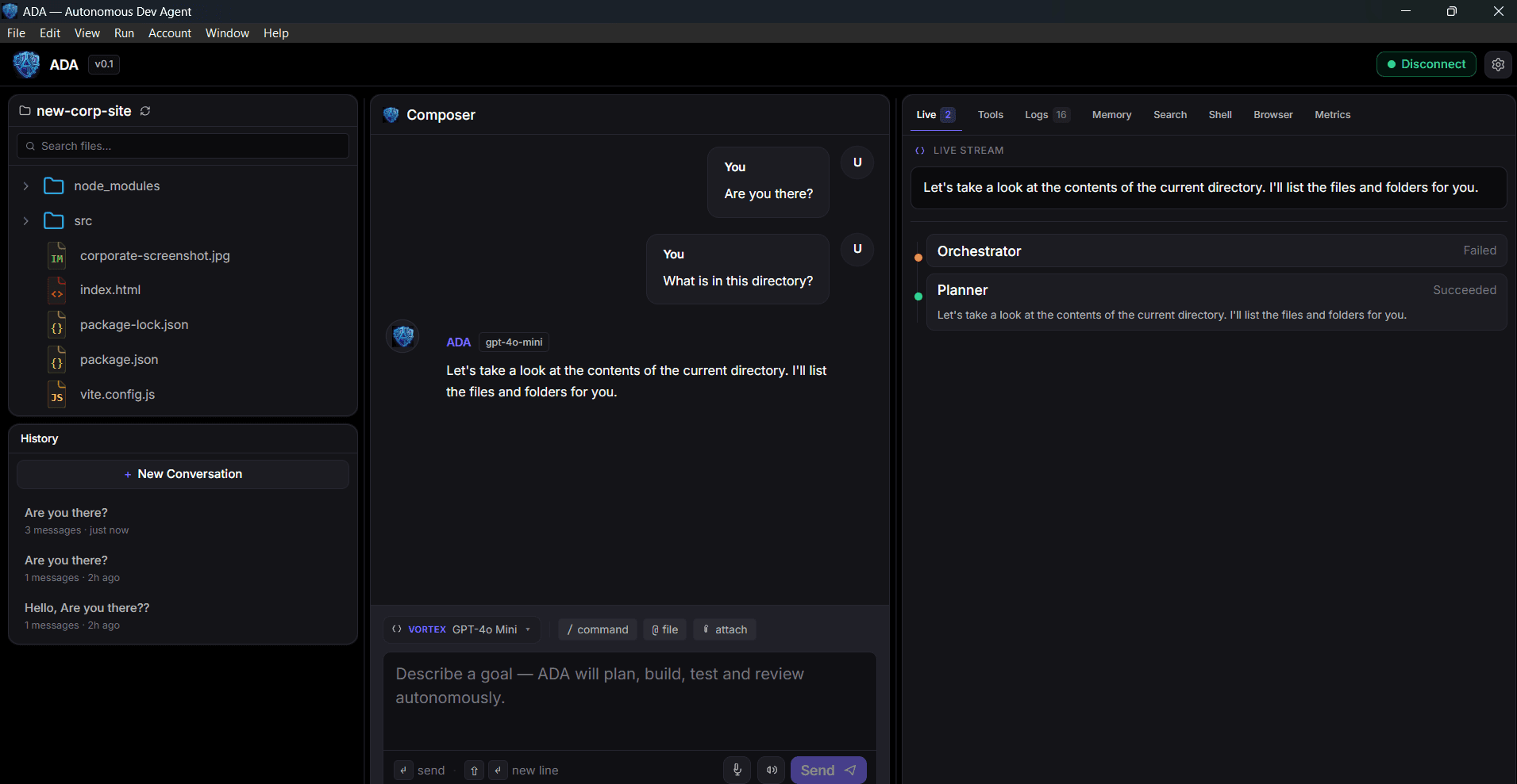The ADA desktop app — chat composer, live agent stream, and file tree.